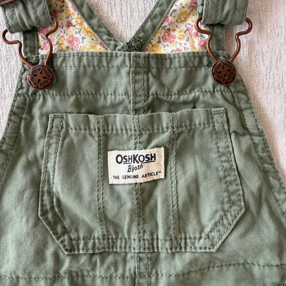 OshKosh B'gosh Toddler Overalls Size 2T Green Cotton Bib Overalls Floral Lining